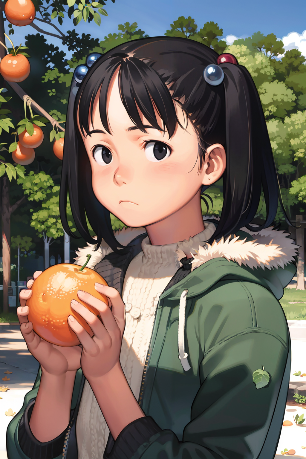 00752-1165675955-masterpiece, best quality,_lora_comiclo_1_,1girl, solo, black hair, fruit, black eyes, tree, food, coat, hair ornament, orange (.png